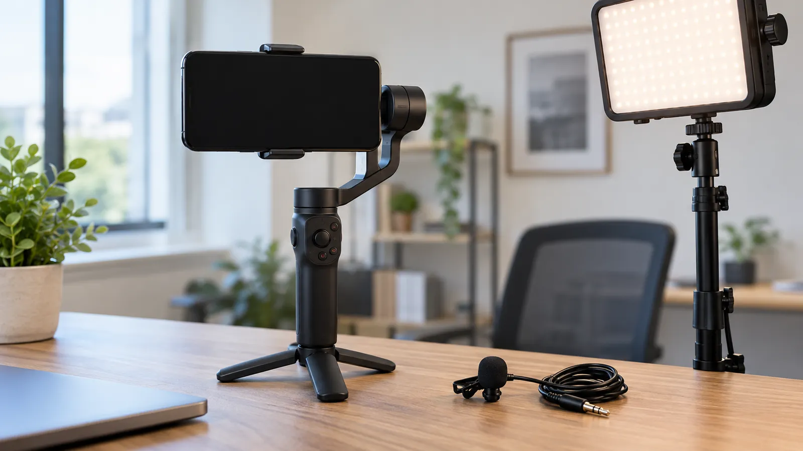 Smartphone pe gimbal, microfon lavalieră și lampă LED pregătite pentru filmare într-un birou